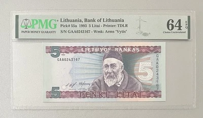 Lithuania 1993 5 Litai banknote PMG64. Pick #55a. Series GAA - Image 1 of 2