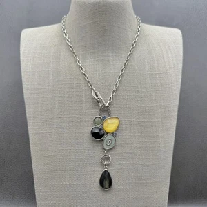 Lia Sophia Statement Necklace Pendant Silver Tone Adjustable Chain Jewelry - Picture 1 of 7