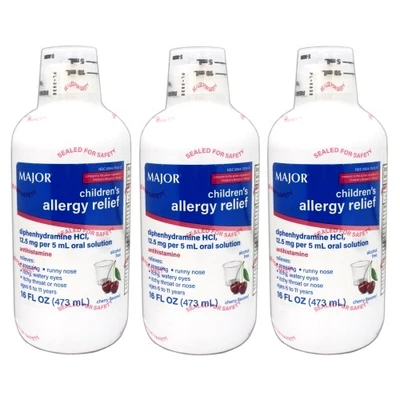3 Pack Major Diphenhydramine 12.5mg/ 5mL HCL Liquid Solution, 16 oz - Image 1 of 4