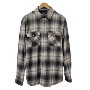Carhartt Rugged Flex Pearl Snap Button Flannel Shirt Size M Gray Work Chore Mens - Picture 1 of 9