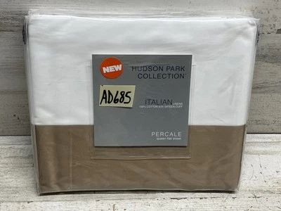 Hudson Park Italian Linens Percal Cuff Queen Sábana Plana Blanca/Champagne Nuevo Foto 1 de 4