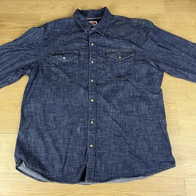 Wrangler Denim Shirt Popper Buttons Vintage Workwear Casual Dark Blue X Large - Image 1 of 4