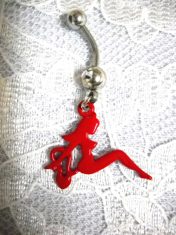 SEXY RED LADY OF LOVE - CLASSIC CHROME GIRL STYLE 14g CLEAR CZ BELLY BUTTON RING - Image 1 of 1