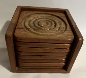 Vintage GoodWood Teak Wood Round 8 Piece 4" Coaster Set Retro Mid Century - Picture 1 of 7
