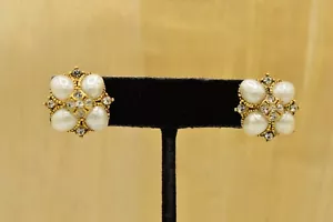 Pendientes llamativos vintage con racimo de perlas estrás cristal dorado años 80 9E - Imagen 1 de 10