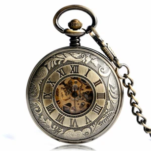 Luxury Double Hunter Pocket Watch Vintage Bronze Hand Wind Mechanical Skeleton - Picture 1 of 8