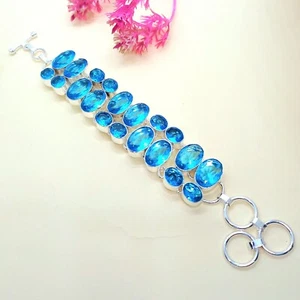 Blue Topaz Gemstone 925 Sterling Silver Plated Handmade Bracelet Jewelry 9" - Picture 1 of 6