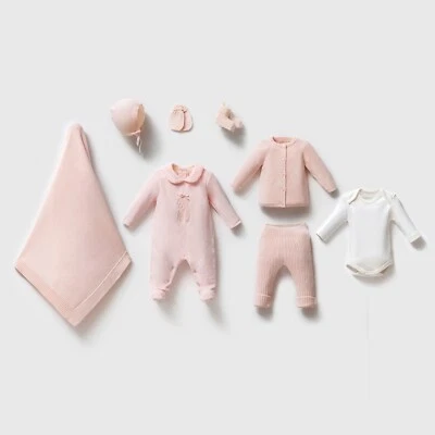 Baby Girl Coming Home Outfit Set Pink Organic Cotton Knitted Newborn Clothes 0-3 - Image 1 of 3