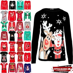 Kids Santa Face Print Rudolph Reindeer Christmas Sweatshirt Retro Funny T Shirt - Picture 1 of 48
