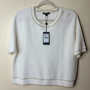 Adrianna Papell Sweater Sz L Ivory & Gold Lurex Horizontal Knit Cropped Boxy NWT - Picture 1 of 8