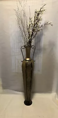 Tall Vase 39” Home Decor Sculpture Patina Retro Metal Tin Floral Flowers Branch - Image 1 of 4