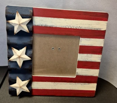 Rustic Wooden American Flag Picture Frame 4.5"x4.5" Photo - Metal Stars - EUC - Image 1 of 4