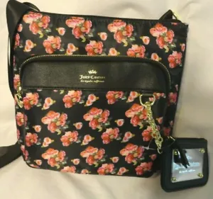Bolso bandolera mediano Juicy Couture Varsity Blooms nuevo negro con rosas $0 envío - Imagen 1 de 2