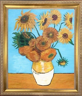 Van Gogh SUNFLOWERS Blue textured Oil Painting 20x24 Framed Canvas **SALE - Image 1 of 4