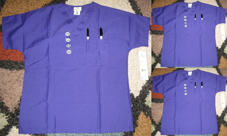 3 Pc White Swan Unisex V Neck Top Pocket Scrub Top Sz XS 14000 Purple - Image 1 of 4