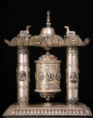 10英寸旧西藏释迦牟尼银佛8吉祥符号祈祷轮雕像 — 第 1/4 张图片