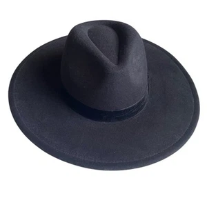 Fedora Hat Black Felt Wide Brim Women Sz Sm Med Pinched Crown Velvet Band Derby - Picture 1 of 21