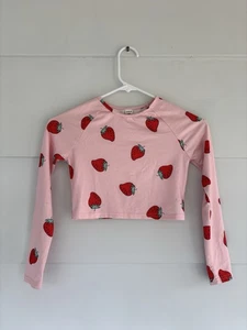 SHEIN Girls 8Y Pink Kawaii Strawberry Print Crop Top Long Sleeve Stretch Summer - Picture 1 of 6