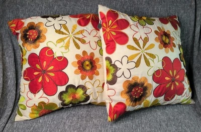 Pier 1 Set of 2 Floral Decor Throw Pillows Multicolor Embroidered 16x16 Boho - Image 1 of 4