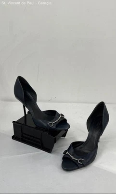 Mujer Gucci Azul Marino Cuero Horsebit D'orsay Peep Toe Stiletto Talla 38.5 EE. UU. 8 Foto 1 de 4