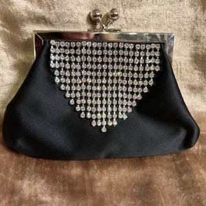 Kate Landry black Satin Rhinestone Evening Handbag Chain Handle and Rope Strap - Picture 1 of 14