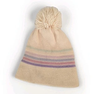 Vintage Meister Beanie Wool Striped Pom Pom Ski Cap Hat Beige Pink Winter - Picture 1 of 5