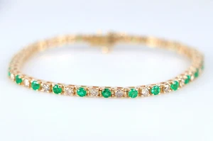 14K Yellow Gold Round Diamond Columbian Green Emerald 7'' Tennis Bracelet - Picture 1 of 8