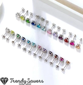Women Girls Birthstone AAA Cubic Zirconia Gold Silver Cartilage Stud Earrings - Picture 1 of 76