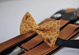Bees Honeycomb Cotton Bow tie bowtie + Tan Brown Elasitc Suspenders Braces  - Picture 1 of 16