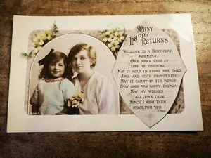 Antique Postcard Birthday Greetings. Girls and Flowers + D Davey Poem RP 1920s - Picture 1 of 2