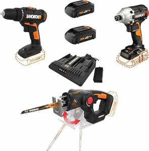 WX911L WORX 20V 3/8" Power Drill, 1/4" Impact Driver, AXIS Saw Combo Kit-CR - Picture 1 of 9