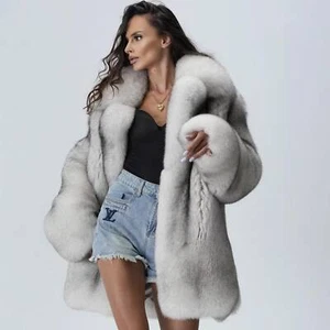 Women Real Blue Fox Fur Coat Natural Full Pelt Lapel Jacket Winter Long Overcoat - Picture 1 of 8