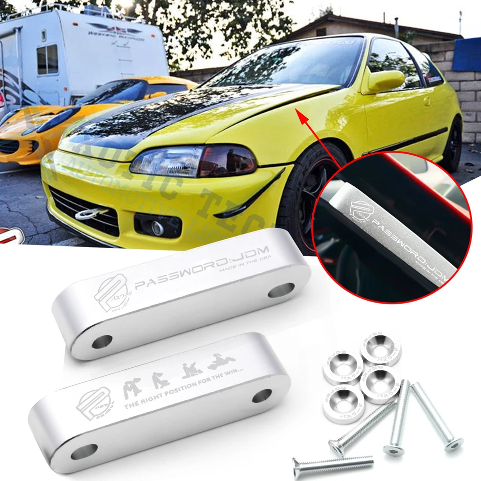 For Acura Integra Honda CRX Civic JDM PASSWORD Silver Billet Hood Spacer Riser - Image 1 of 4