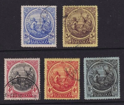 MATT'S STAMPS SCOTT BARBADOS #131-134, 136 COLONY SEAL 1916-18 ISSUES USED CV$64 - Image 1 of 3