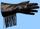 LEATHER GAUNTLET GLOVES-NEW MENS BLACK LAMBSKIN LEATHER with FRINGE -SILK LINED