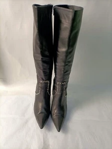 Botas Vero Cuoio Damas Hasta la Rodilla Cuero Negro Cremallera Tachonadas UK7 EU40 - Imagen 1 de 15