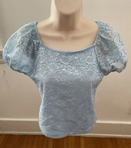 NWT Lilt girl lace light blue puff sleeves crop top blouse, size 14 Boho Easter - Picture 1 of 12