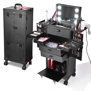 BYOOTIQUE Rolling Makeup Case Cosmetic Lights Mirror Lockable Wheel Trolley - Picture 1 of 8