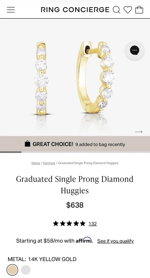 Pendientes Huggies Anillo Concierge Graduado Diamante Único Foto 1 de 4