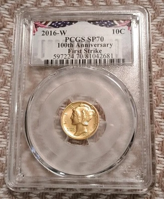 2016-W Gold Mercury Dime  PCGS SP70 First Strike 100th Ann. - Image 1 of 2