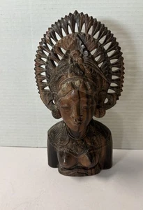 Vintage Bali Head Bust Carved Hard Wood Balinese Wooden Woman 10”x5” - Picture 1 of 8