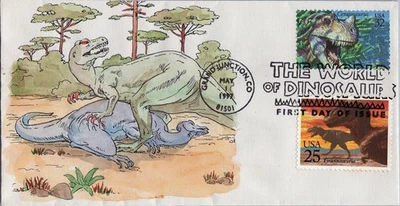 US 3136 FDC Dinosaurs SMB Cachets Hand Painted T-Rex Feeding ZAYIX 060922SM07 - Image 1 of 2