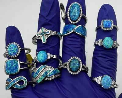 Lote mixto de 12 anillos de plata de ley 925 27,3 g ópalo azul y circonita cúbica talla 4,7-11 | W066 Foto 1 de 4