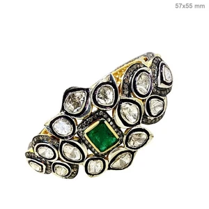 Natural Polki Diamond Cuff Bracelet 925 Sterling Silver Emerald Bracelet For Her - Picture 1 of 4