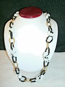 Vtg  Retro  Rope  Style Necklace--Black/White Flowers & Beads--13" - Picture 1 of 1