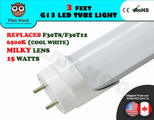 F30T8 F30T12 Replacement LED Tube Light 3 Feet (35.67") 15 Watt Milky Lens Bulb - Picture 1 of 6