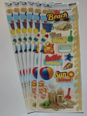 6 Beach Scrapbook Sticker Sheets-Sand Castle, Bomb Pop, Waves, Sunglasses, Shell - Image 1 of 2