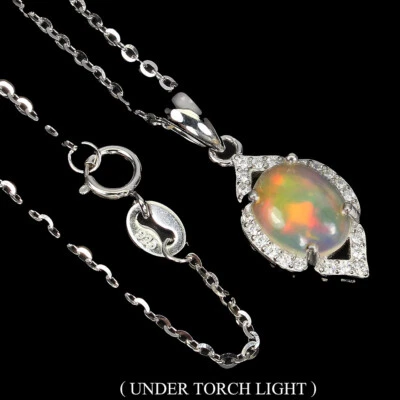 925 Argento Sterling Ovale Opale di Fuoco 9x7mm Topazio Bianco Collana 45.7cm - Immagine 1 di 4