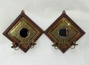 Pair Of 19th Century Girandole Bevelled Glass Circular Mirrors Of Pressed Brass 