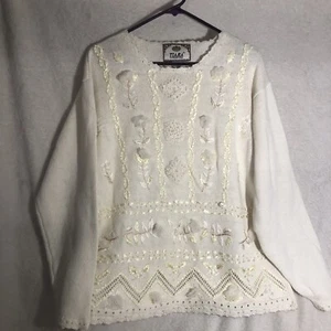 VTG 90s Tiara International women’s Sweater Medium Beaded Cream Floral 1996 - Picture 1 of 20